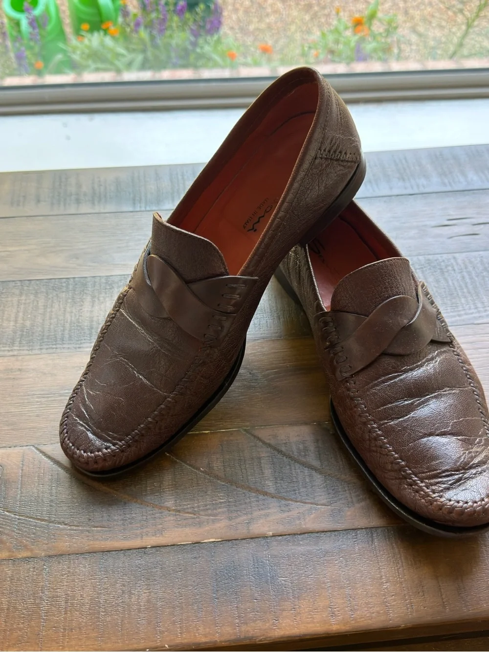 Santoni Brown Leather Penny Loafers for Men 8